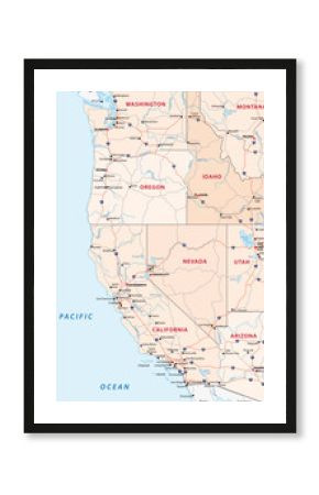 Roads, political and administrative map of the Western United States of America