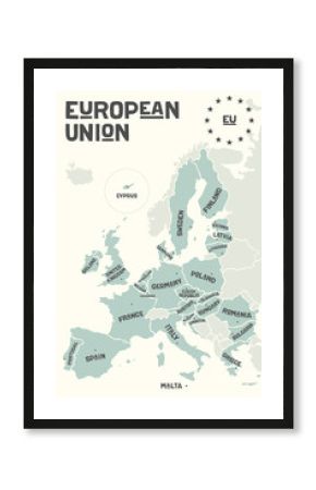 Poster map of the European Union with country names and capitals. Print map of EU for web and polygraphy, on business, economic, political, Brexit and geography themes. Vertical. Vector Illustration