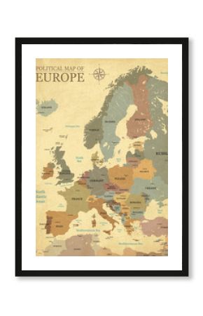 Map of Europe with capitals - Vintage texture - English/US language - Vector CMYK