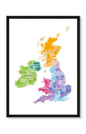 Mapa Wysp Brytyjskich pokolorowana według krajów i regionów