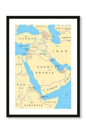 Middle East political map with capitals and national borders. Transcontinental region centered on Western Asia and Egypt. Also Middle-Eastern, Near or Far East. Illustration. English labeling. Vector.