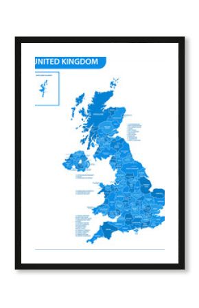 The detailed map of the United Kingdom with regions or states and cities, capitals. Actual current relevant UK, Great Britain administrative devision.