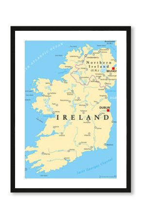 Ireland and Northern Ireland political map with capitals Dublin and Belfast, borders, important cities, rivers and lakes. Island in the North Atlantic Ocean. English labeling. Illustration. Vector.