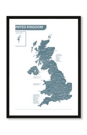 The detailed map of the United Kingdom with regions or states. Actual current relevant UK, Great Britain administrative devision.