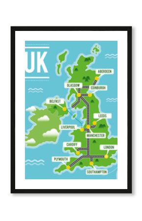 Cartoon vector map of United Kingdom. Travel illustration with british main cities.