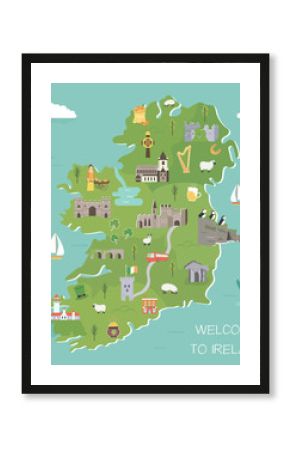 Irish map with symbols of Ireland, destinations