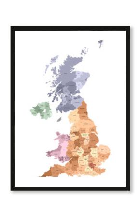 United Kingdom administrative districts vector high detailed map colored by regions and counties