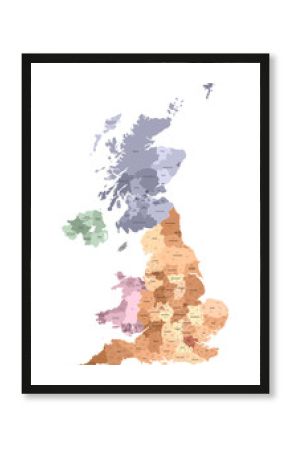 Dzielnice administracyjne Wielkiej Brytanii wektor wysokiej szczegółowej mapy pokolorowane według regionów i powiatów