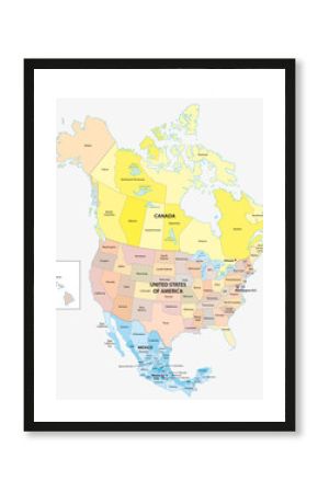 Administrative and political vector map of the three North American states, Mexico, Canada and the United States of America