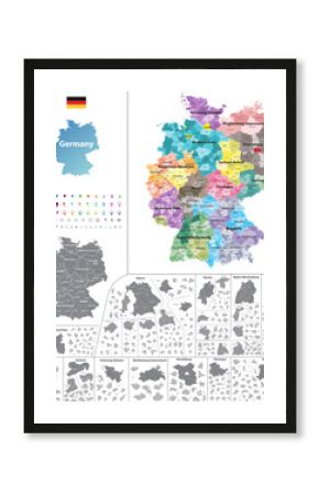 Germany subdivisions vector map colored by states and administrative districts. All layers detachable and labeled