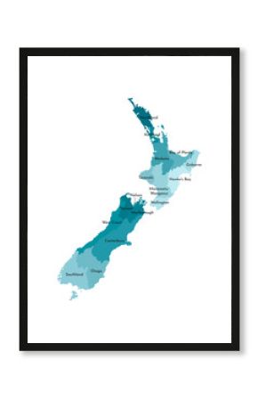 Vector isolated illustration of simplified administrative map of New Zealand. Borders and names of the regions. Colorful blue khaki silhouettes