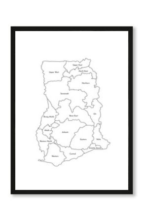Vector isolated illustration of simplified administrative map of Ghana. Borders and names of the regions. Black line silhouettes