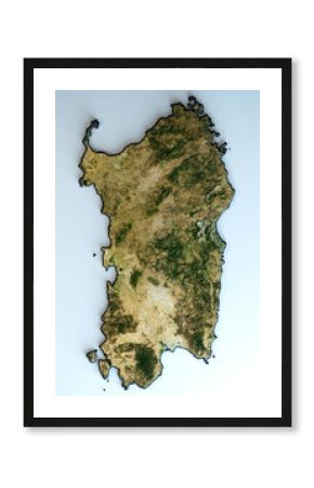 Satellite view of the Sardinia region. Italy. 3d render. Physical map of Sardegna, plains, mountains, lakes, mountain range