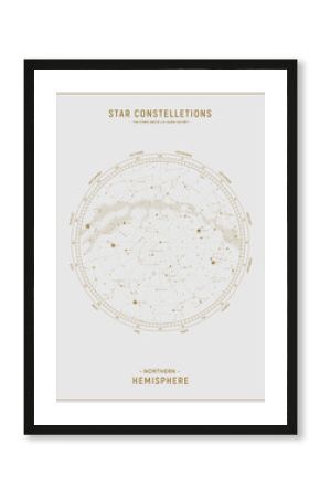 Northern hemisphere. High detailed star map of vector constellations. Astrological celestial map with symbols and signs of zodiac