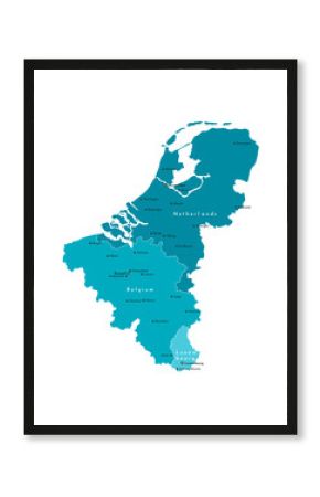 Vector modern isolated illustration. Simplified political map of states of Benelux Union. Blue shapes. Names of largest cities of Belgium, Netherlands, Luxembourg