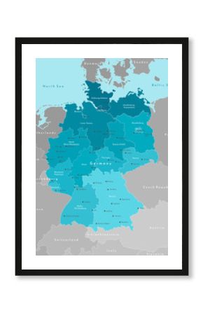 Vector modern illustration. Simplified geographical  map of Germany and nearest european states. Blue background of North and Baltic seas. Names of Deutsch cities and provinces.