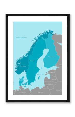 Vector isolated illustration. Simplified political map of scandinavian and northern europe countries in blue colors (Sweden, Finland, Norway, Denmark) and nearest areas in grey. Borders of the states.