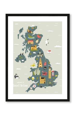 Vector map of Great Britain with famous symbols