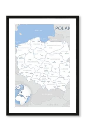 Blue-gray detailed map of Poland and administrative divisions and location on the globe. Vector illustration