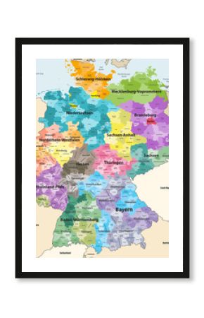 Germany high detailed vector map with neighbouring countries and territories. Map colored by states and administrative districts, with subdivisions