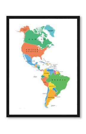 The Americas, single states, political map with national borders. Caribbean, North, Central and South America. Different colored countries with English country names. Illustration over white. Vector.