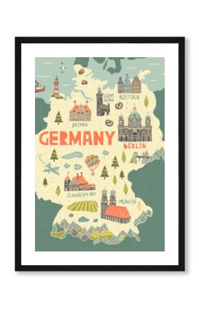 Illustrated map of Germany. Travel and attractions of Europe.