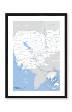 Blue-gray detailed map of Cambodia administrative divisions and location on the globe.