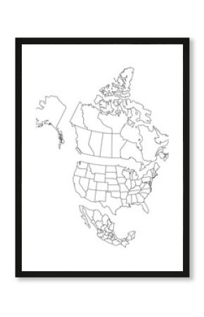 Blank map of North America, with separate Canada, Usa and Mexico