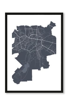 Lublin map. Detailed map of Lublin city poster with streets. Dark vector.