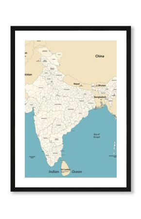 India administrative divisions vector map with neighbouring coutries