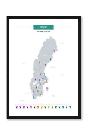 Sweden map with location pointer marks. Infographic vector template, isolated on white background.