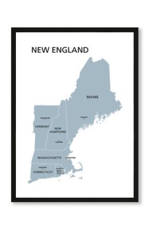 New England region of the United States of America, gray political map. The six states Maine, Vermont, New Hampshire, Massachusetts, Rhode Island and Connecticut with capitals. Illustration. Vector.