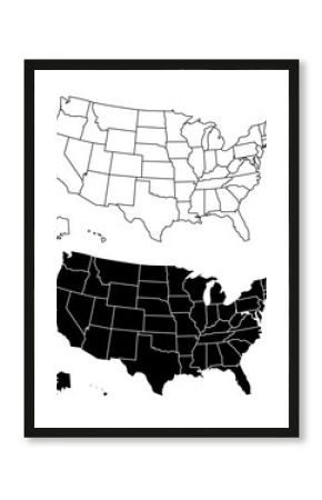 Basic US map with states in both black and white, travel concept