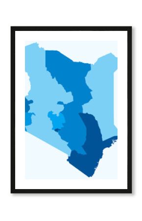 Map of Kenya with regions. A simple country border map with regional divisions. Light blue color palette. Flat Republic of Kenya shape with administrative division. Vector illustration.