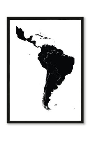 black silhouette map of latin america with country borders isolated on white background for graphic or print use  