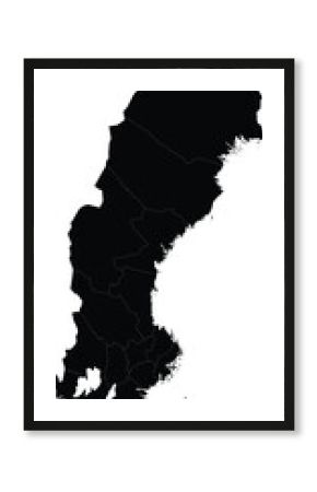 black silhouette map of sweden with outlined regions, geographic illustration