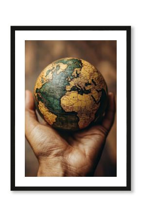 Hand holding globe vintage map earth geography travel exploration world global education adventure warm tone inspiring connection continents Africa Europe Asia