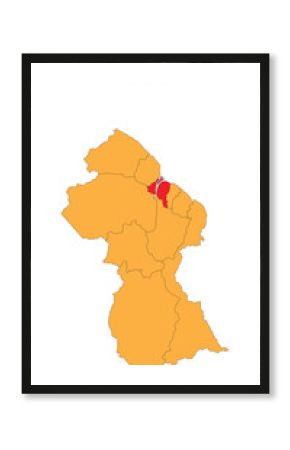 Essequibo Islands-West Demerara Map is highlighted on the Guyana map with detailed state and region outlines.