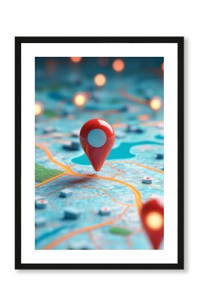 A 3D geo pin icon casting a shadow on a digital map background with various location markers