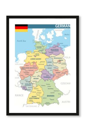 Germany Map Vector New 2024 Colorful - Customizable layered political map of Germany with administrative divisions for website, education, reports, news, politics, print, poster and wallpaper