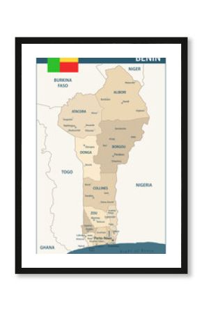 Benin Map Vector Vintage Dark Blue Beige - Customizable layered political map of Benin with administrative divisions for website, education, reports, news, politics, print, poster and wallpaper