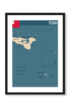 Tonga Map Vector Vintage Dark Blue Beige - Customizable layered political map of Tonga with administrative divisions for website, education, reports, news, politics, print, poster and wallpaper