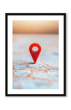 Red push pin marking a specific location on a blurred paper map suggesting navigation, travel and exploration, with a blurry background and warm lighting creating a sense of adventure and discovery