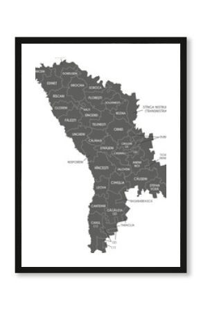 Vector regional map of Moldova with administrative divisions in districts, municipalities and autonomous territorial units. Editable and clearly labeled layers.