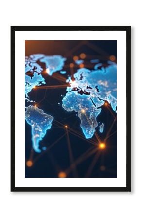 Global logistics network map with glowing connections between continents. International trade supply chain concept visualization. Blue digital datum pattern abstract futuristic diagram. Business