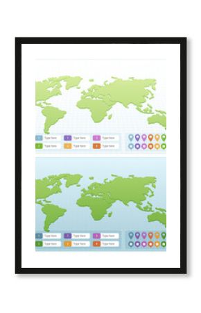 Two world maps with grid backgrounds, accompanied by color-coded labels and map markers, designed for customizable presentations