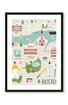 Illustrated map of Boston, Massachusetts, USA with landmarks and symbols.