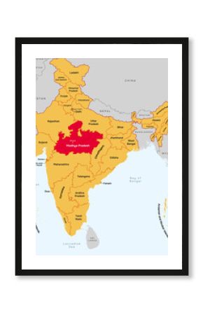 Madhya Pradesh state map, India. Editable Vector map silhouette illustration isolated at India, highlighted at Madhya Pradesh state, with state name, border, and Bhopal capital city.