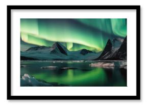Dazzling Display Of The Aurora Borealis Above Frozen Fjord With Icebergs Floating In The Water. Panoramic Banner. Generative AI