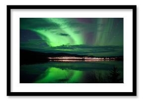 Stars and Northern Lights over dark Road at Lake